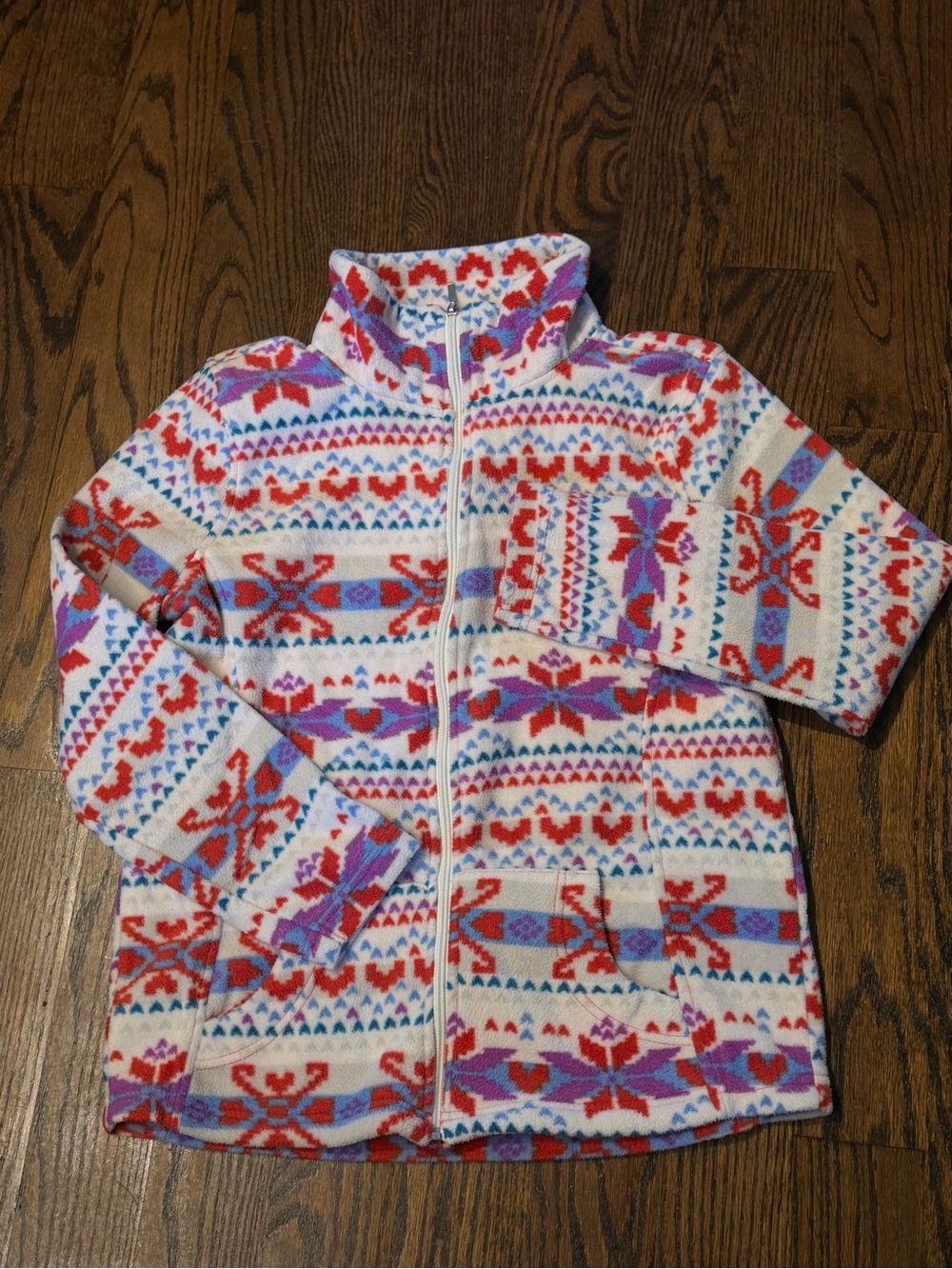 Girls' White Patterned Zip-Up Fleece Jacket with Red & Purple Accents